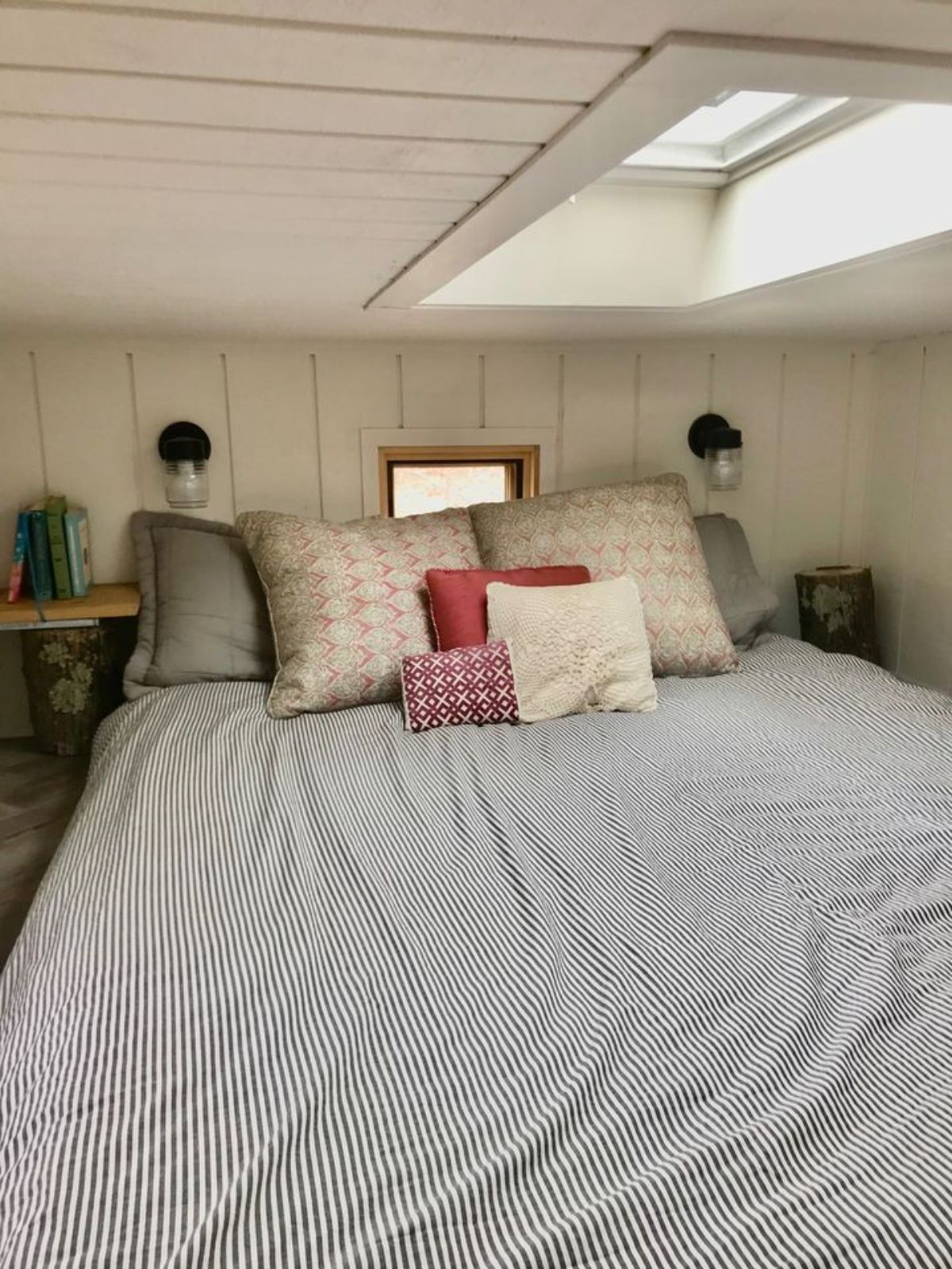 Huge loft bedroom of 24’ Custom Built Tiny Home has a huge mattress