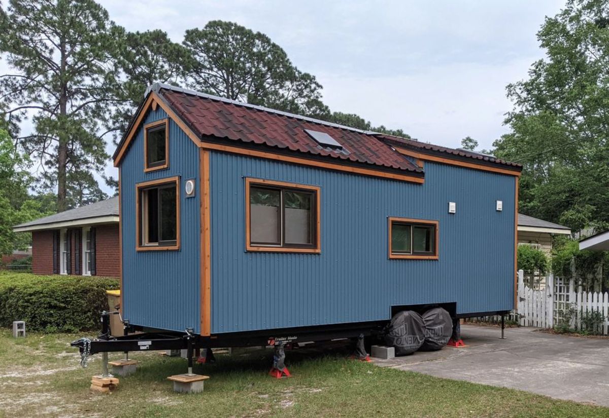 Blue exterior of 24’ One Bedroom Tiny House