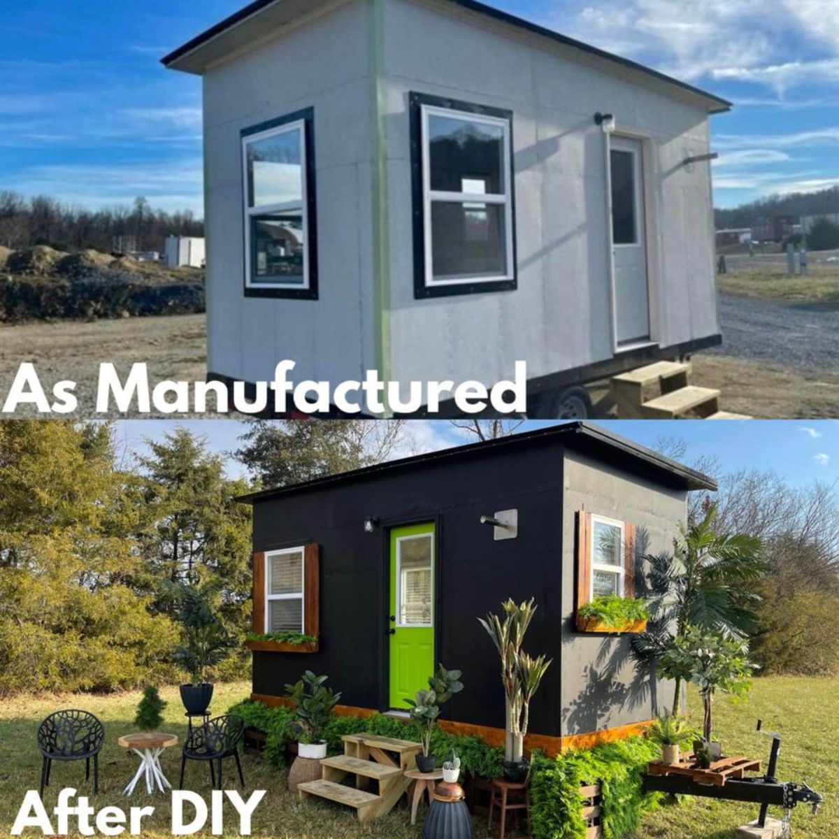 Comparative images of 16’ Turnkey Ready Tiny House before DIY and After DIY