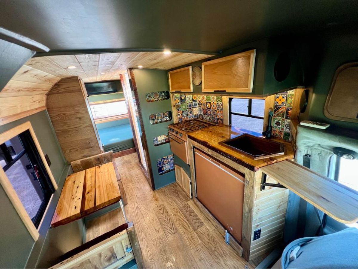 Wooden interior all over the 17' Locomotive tiny home