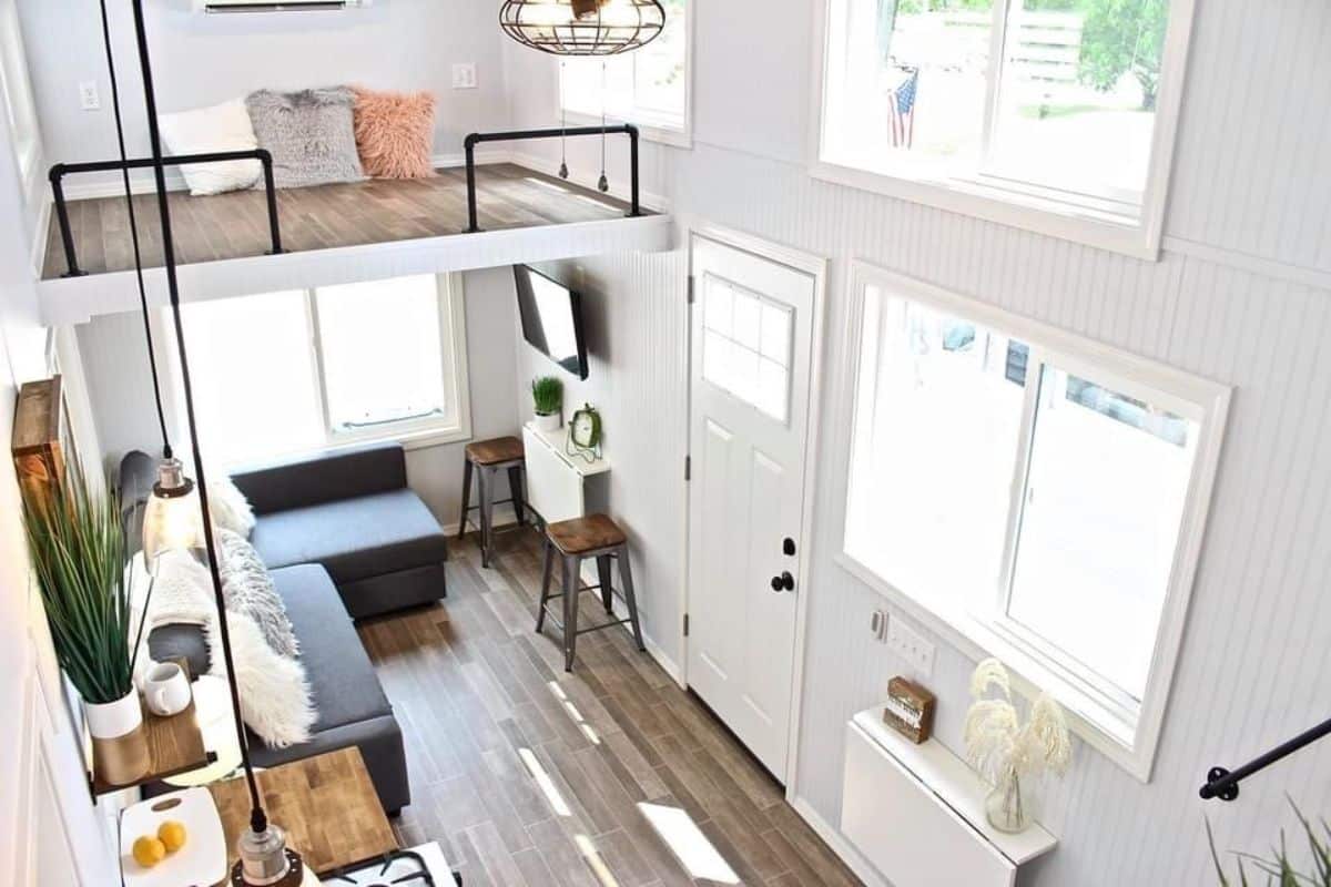Ariel view of Classic white interiors of Certified Durable Tiny Home