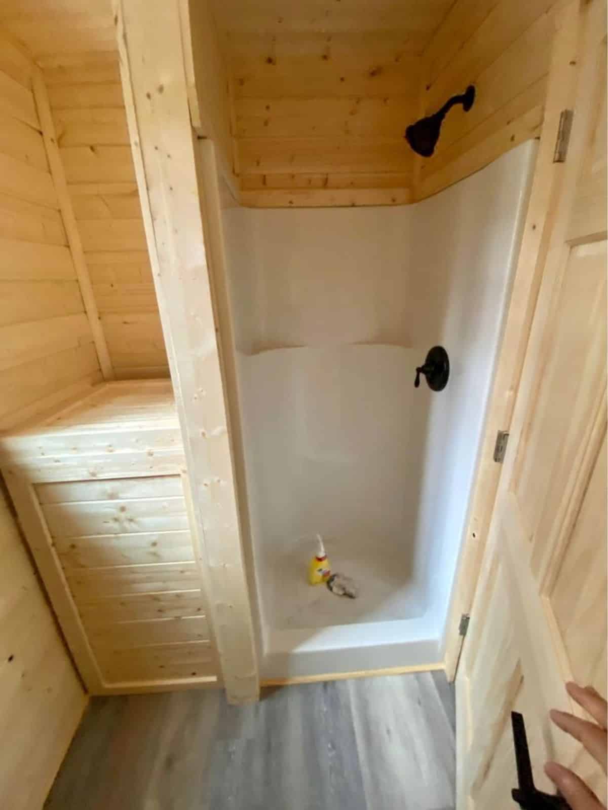 Shower stall in bathroom of 24' Brand New Tiny Home