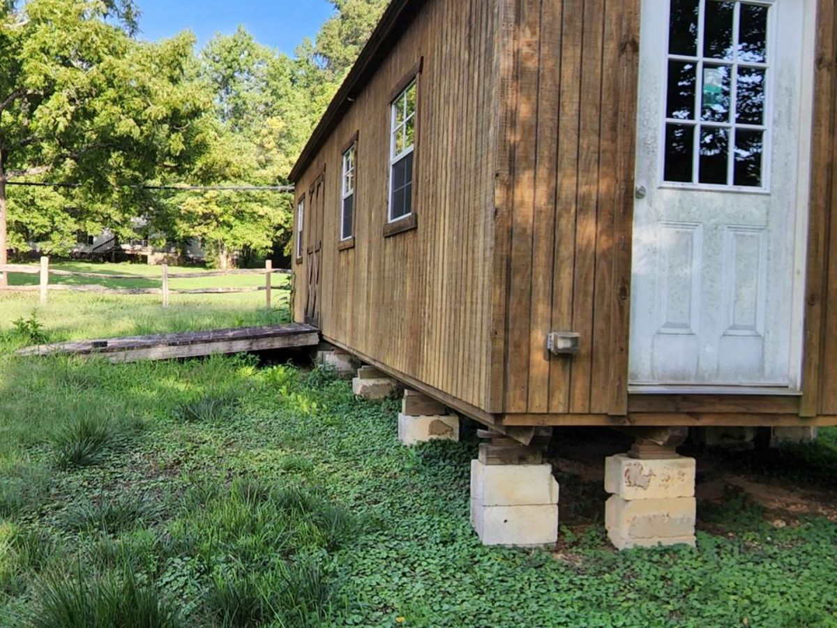 Hardwood exterior of budget tiny house