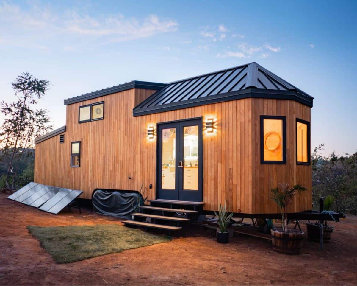 Stunning wooden exterior and entrance view of High End Tiny House