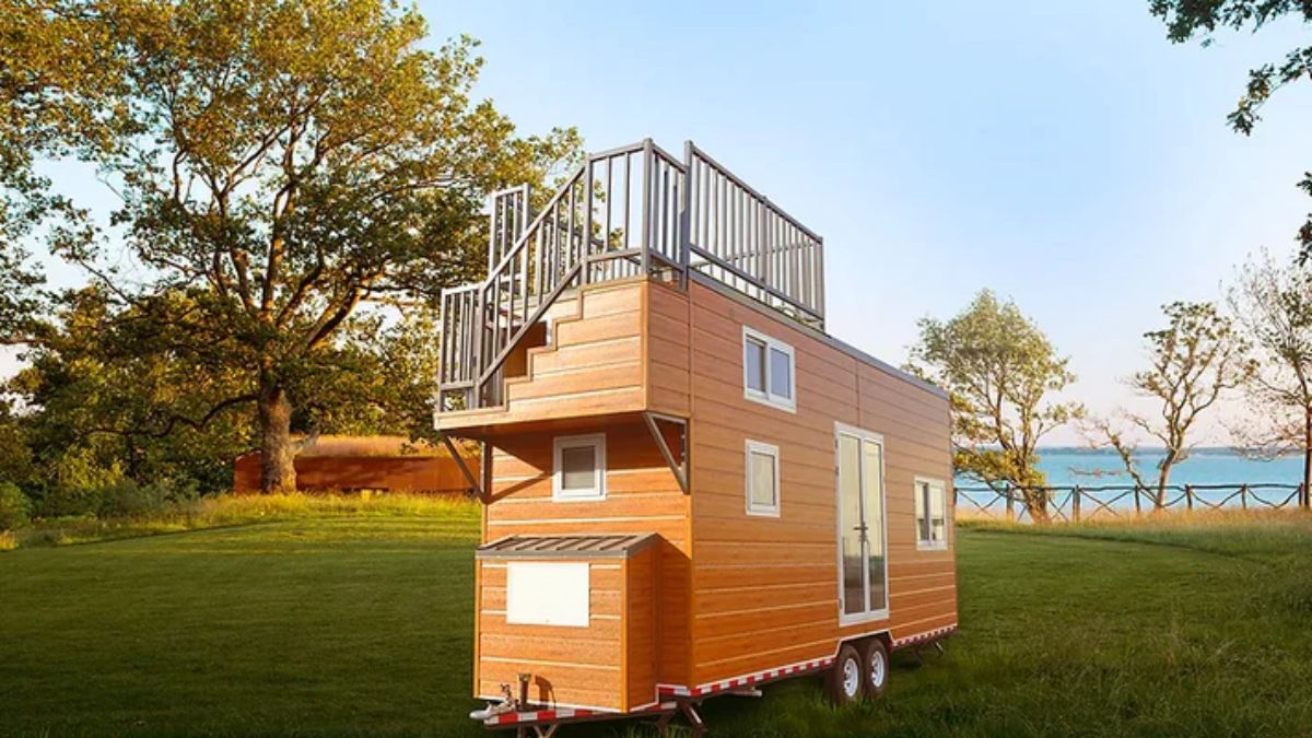 Stunning main entrance view and exterior of 'Made-To-Order Tiny Home Gets the BBQ Party Going!