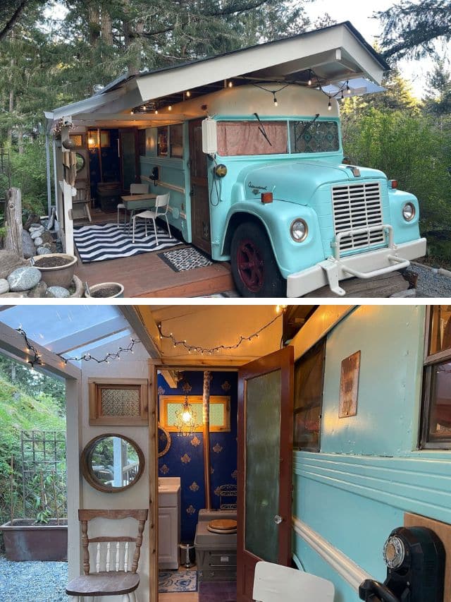 collage image of teal bus conversion