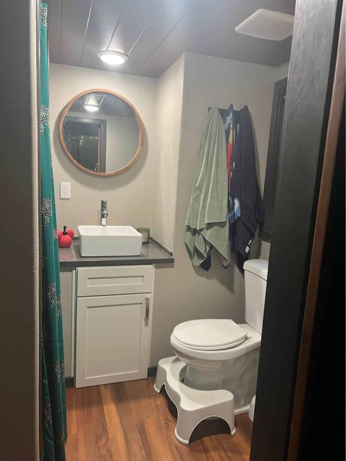 Standard toilet, sink with vanity an mirror in bathroom of Tiny Home Has Two Bedrooms