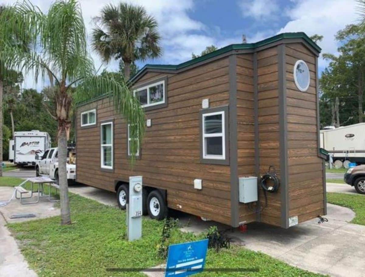 Backside of Tiny Home Has Two Bedrooms