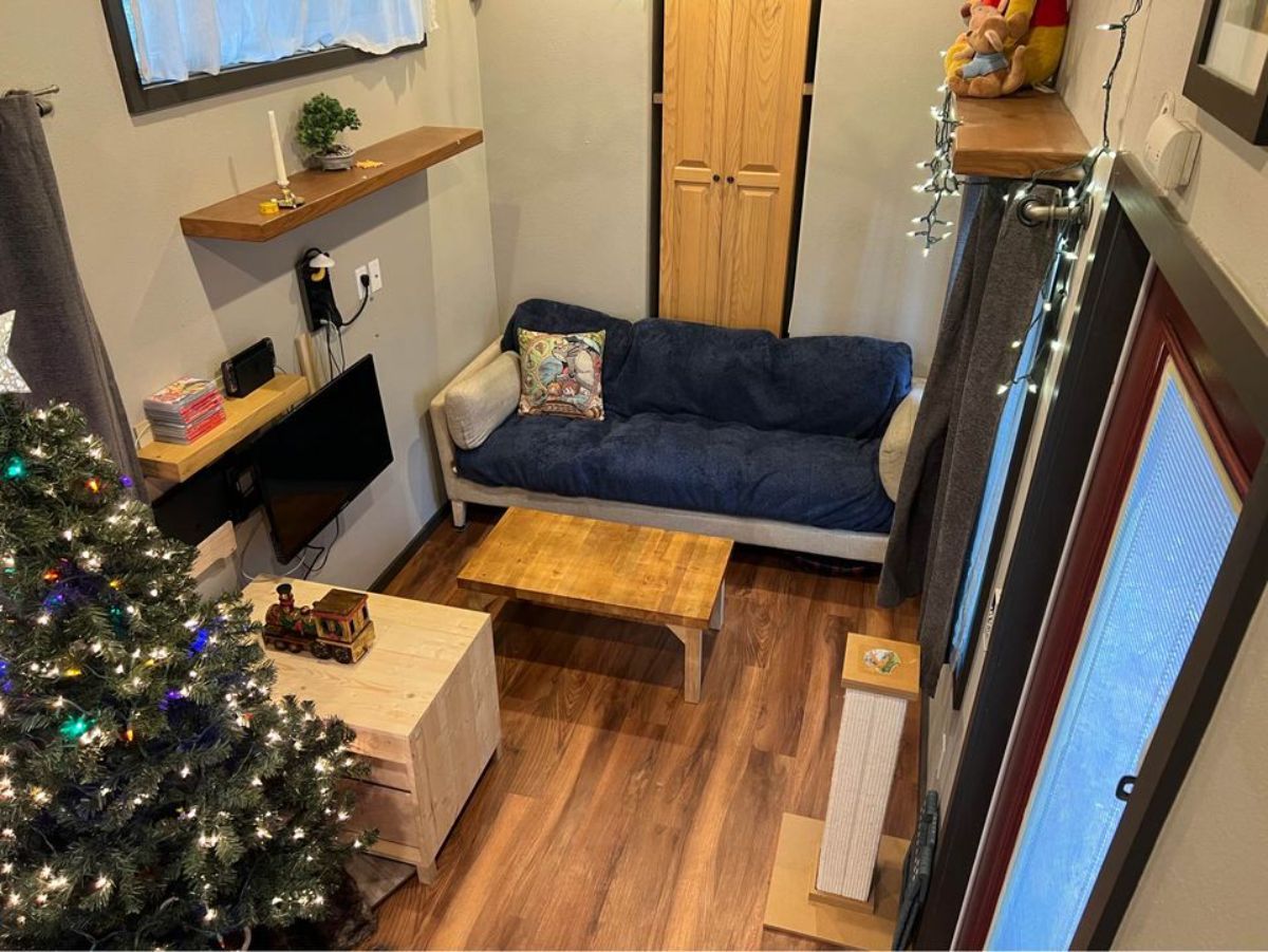 Living area of Tiny Home Has Two Bedrooms