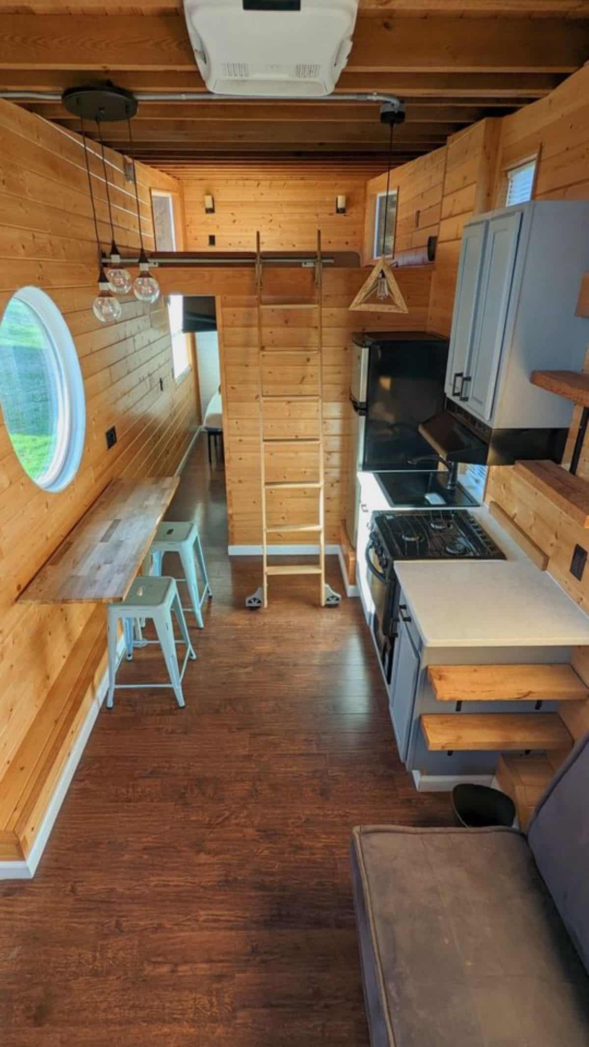 Wooden interiors of 28' Tiny House