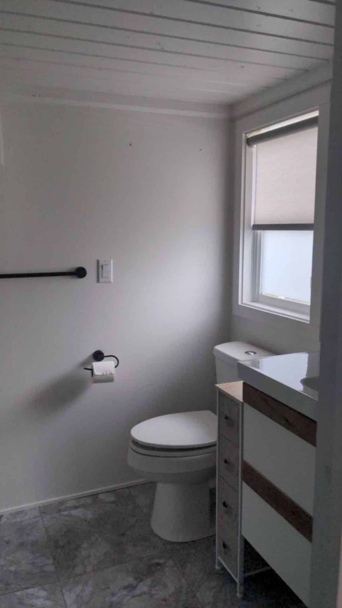 Standard toilet, sink with vanity and lots of storage