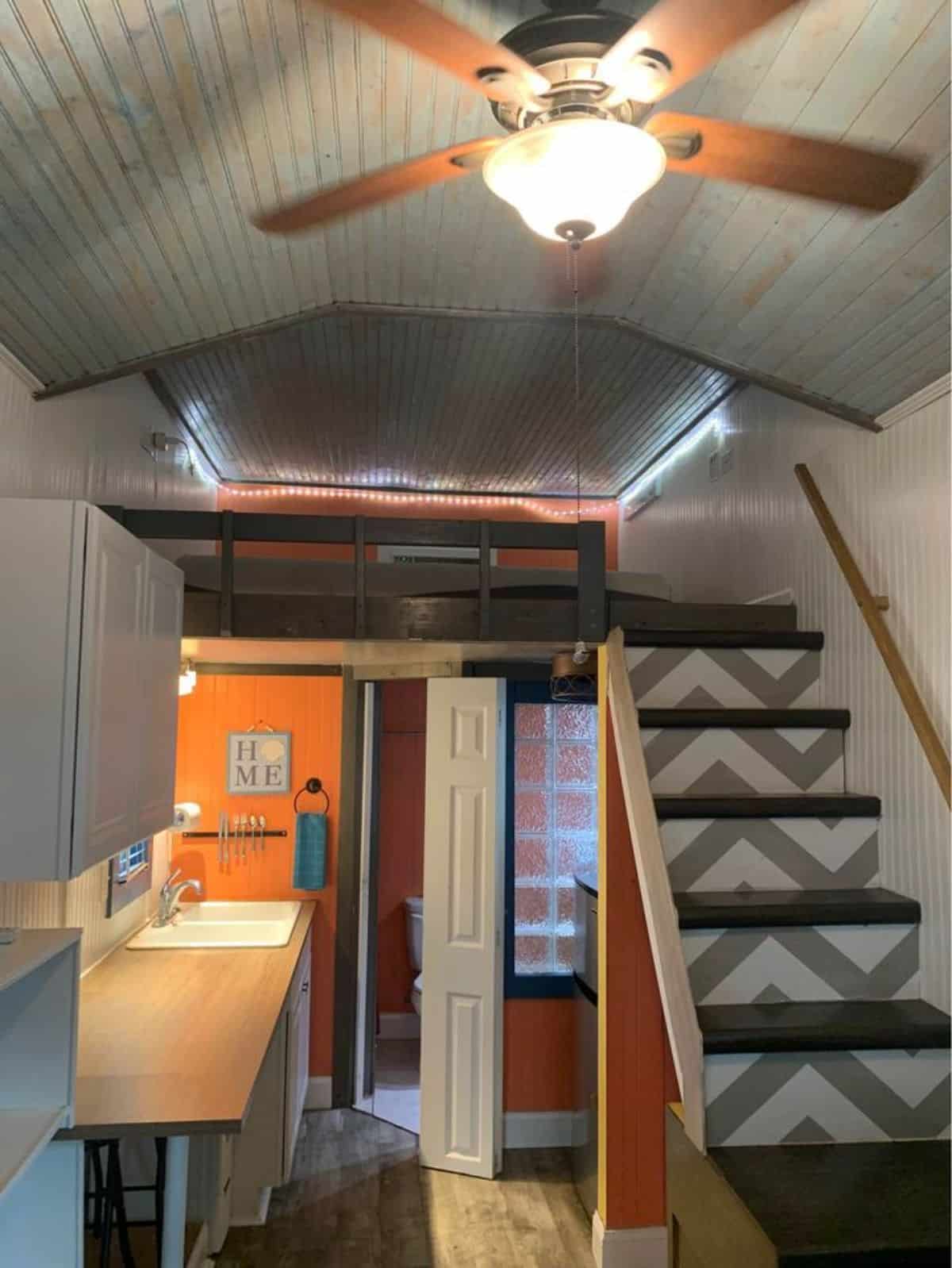 Huge fan in the living area of 400 sf tiny home