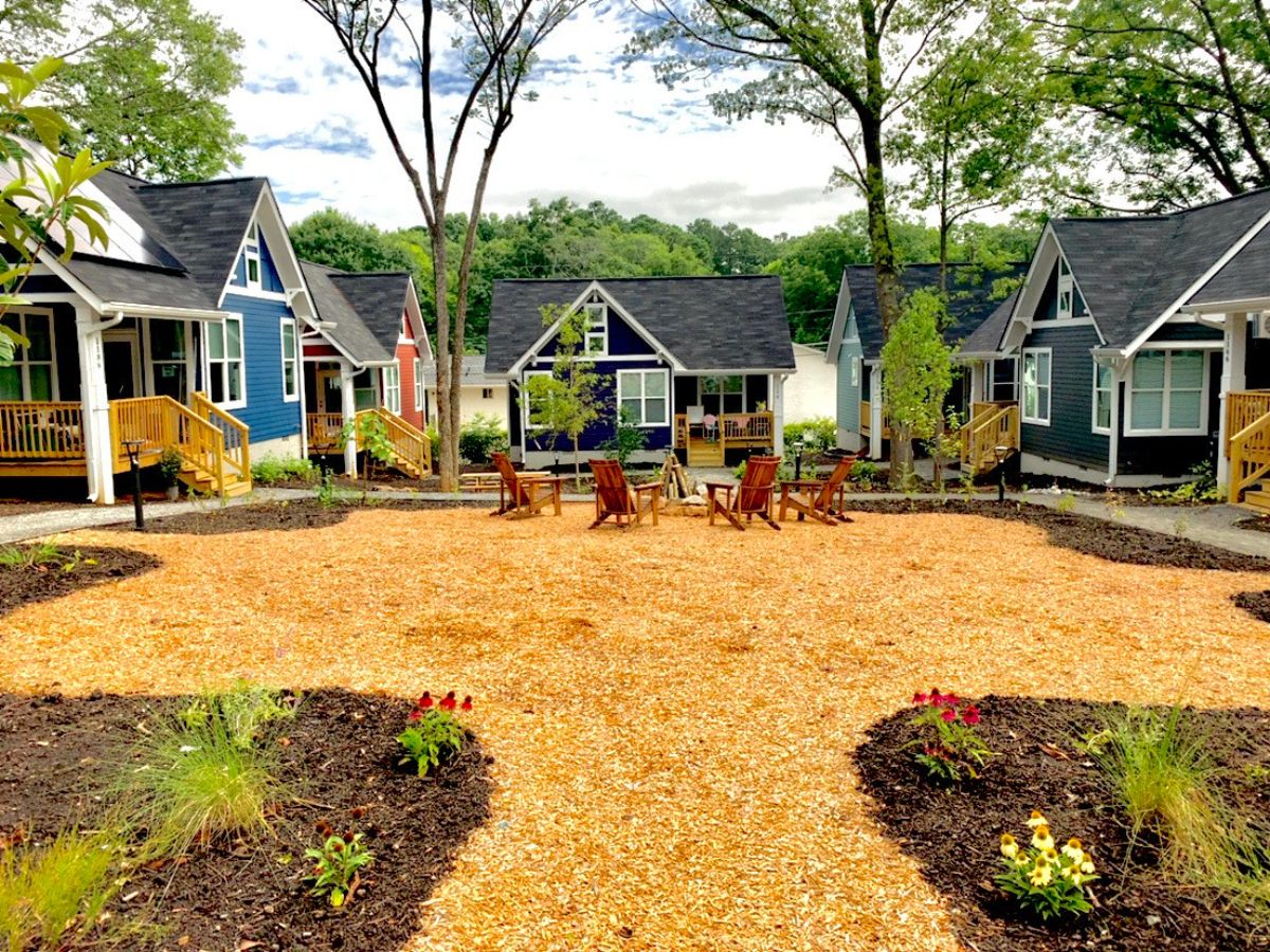mulch on lawn between tiny homes
