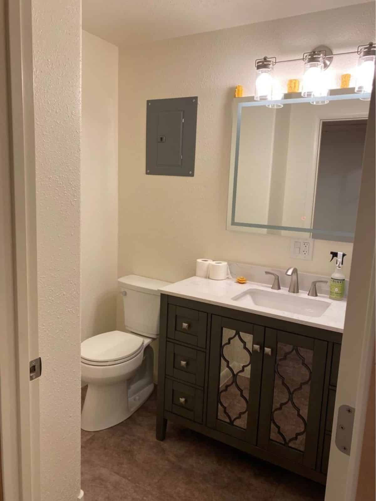 Standard toilet, sink with vanity & mirror in bathroom of Luxurious Micro Living