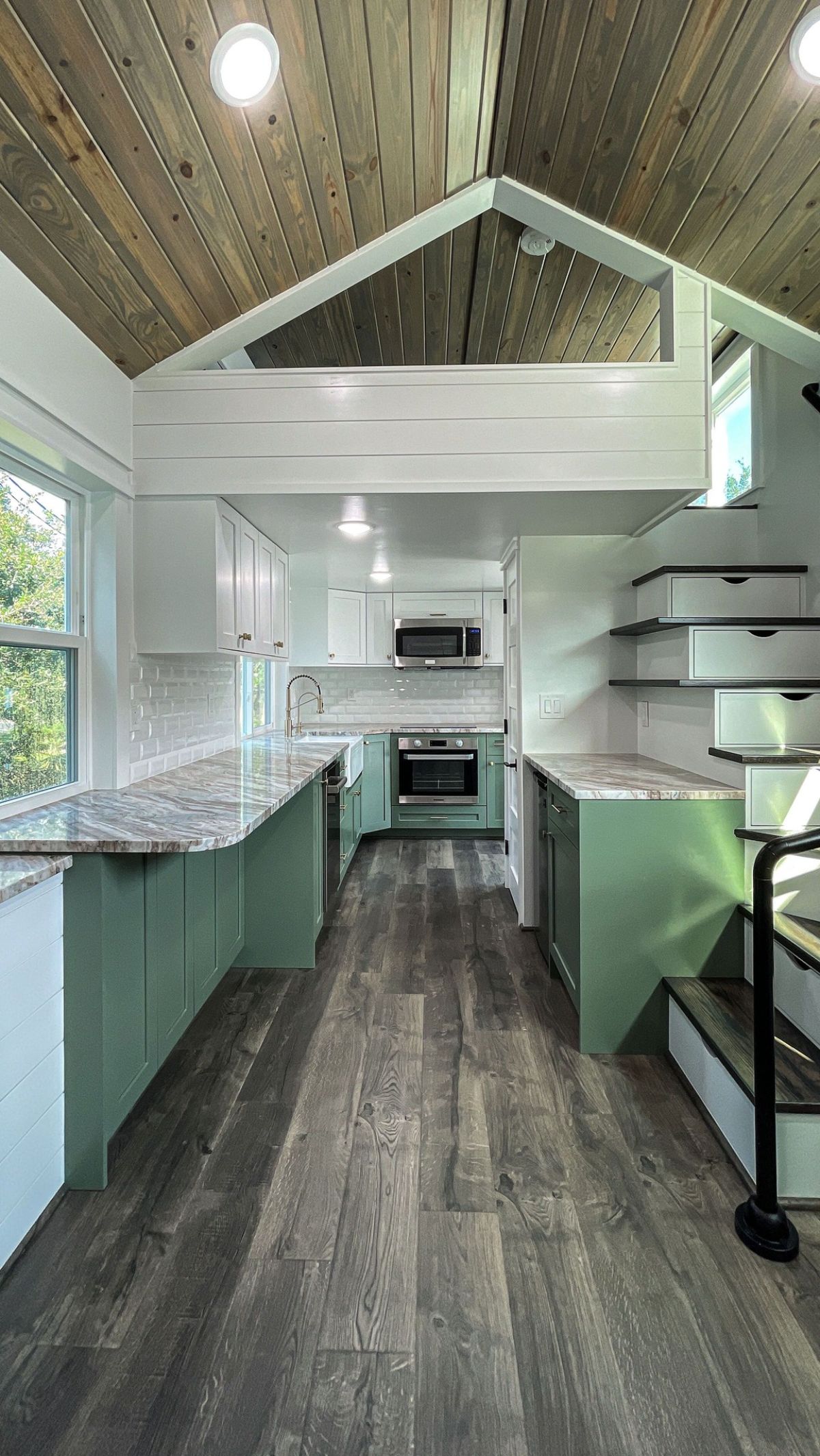 light green cabinets in tiny house