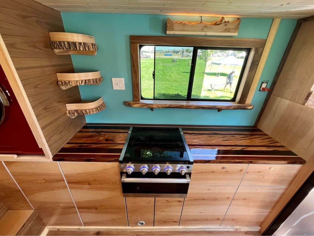 Classic kitchen area of Off the grid camper
