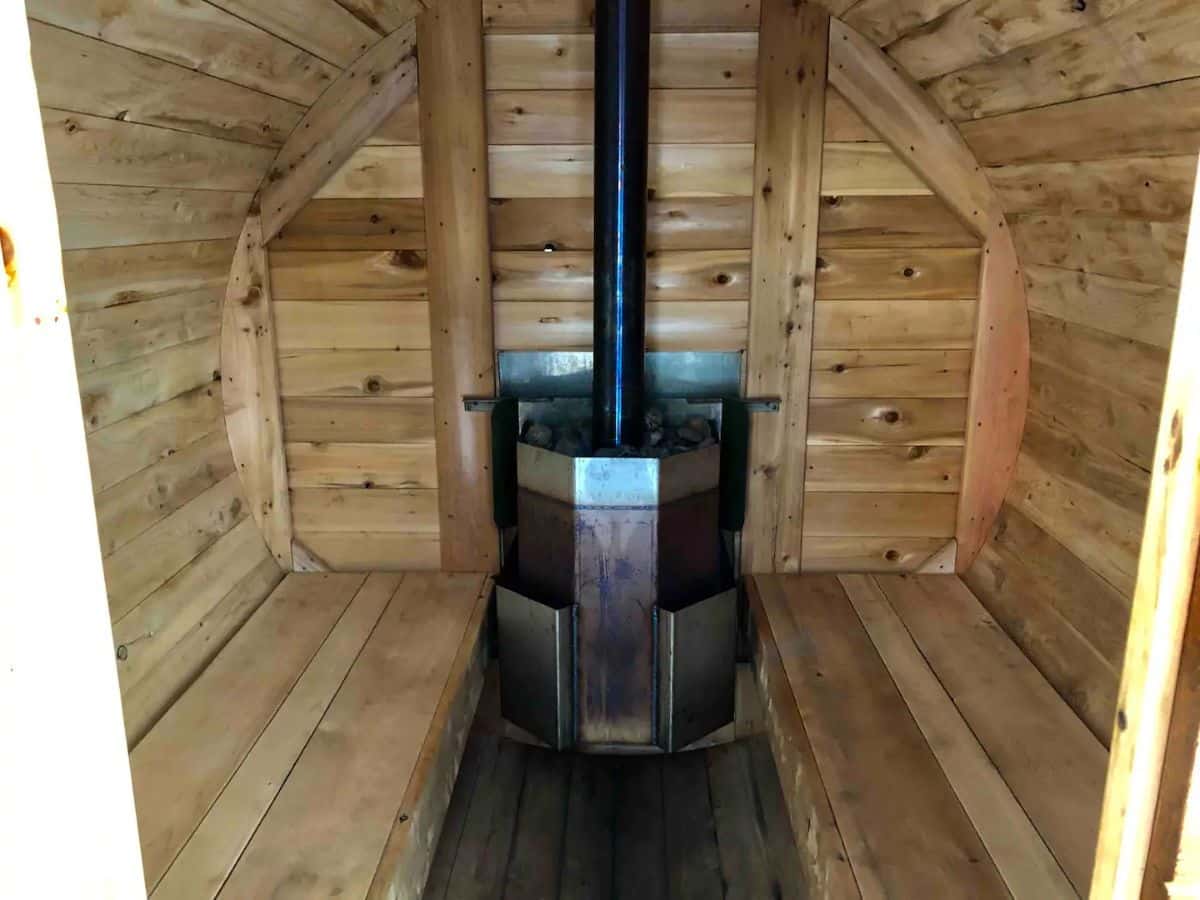 wood stove inside sauna