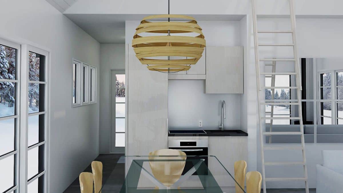 wood fixture above glass dining table with yellow wood chairs