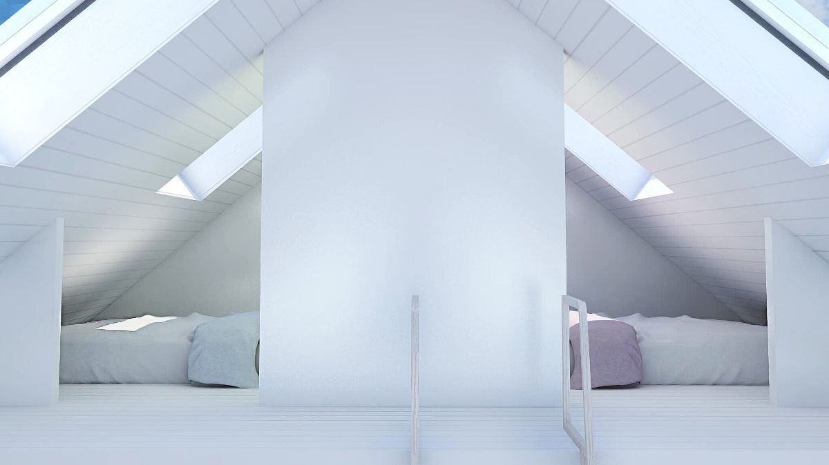 white wall between two loft spaces with beds