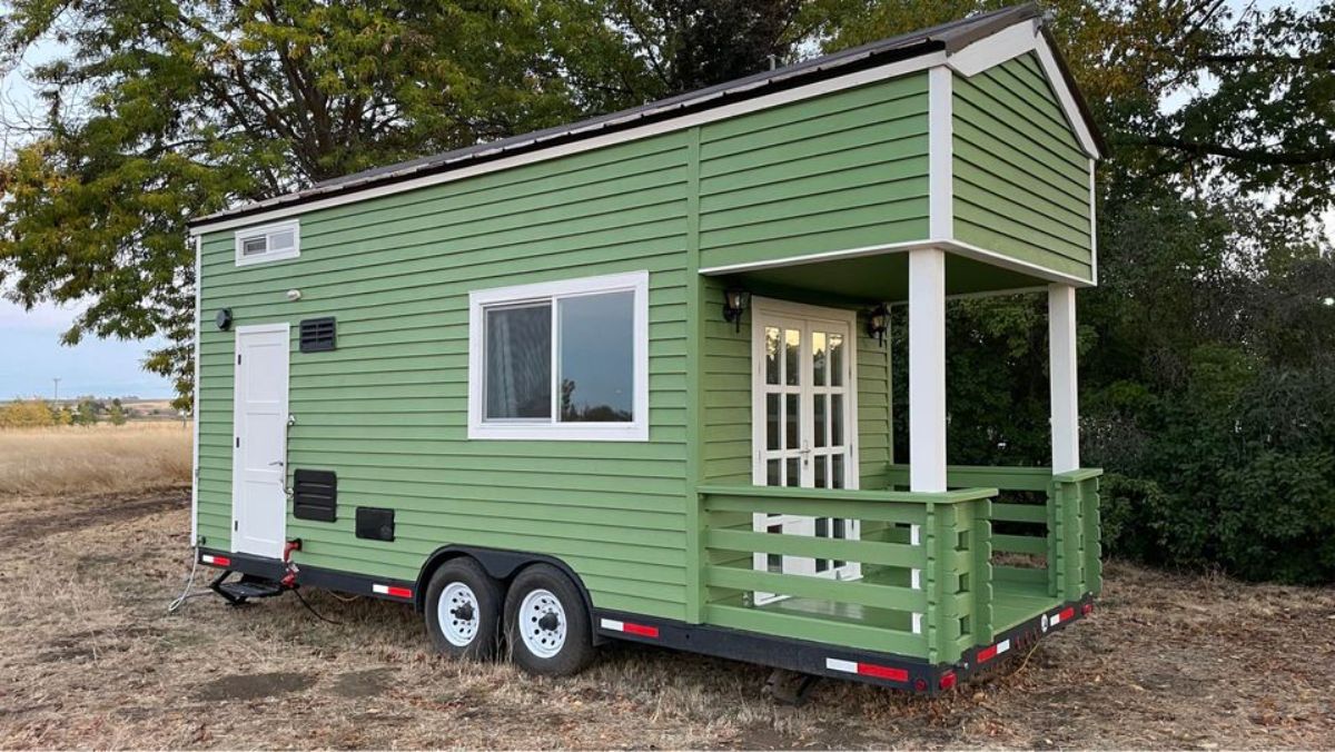 Classic green color exterior of Tiny Towable home