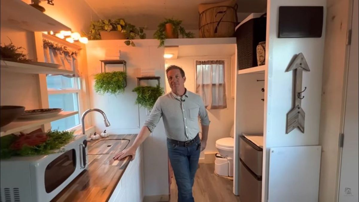 Kitchen area of towable tiny home
