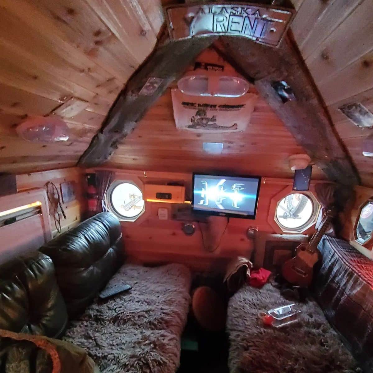 interior camper with bench seat on both sides