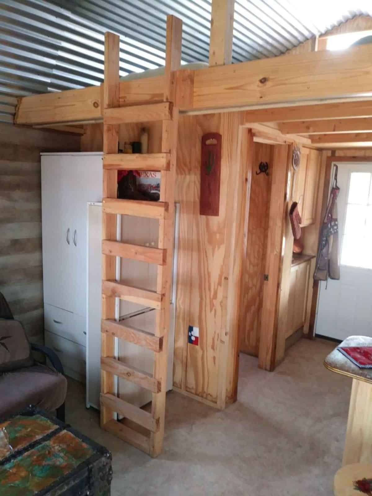 Ladder leading to the loft bedroom of well insulated tiny house