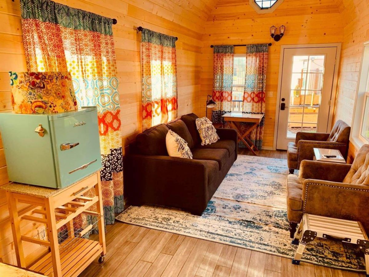 Living area of 24’ display model tiny home