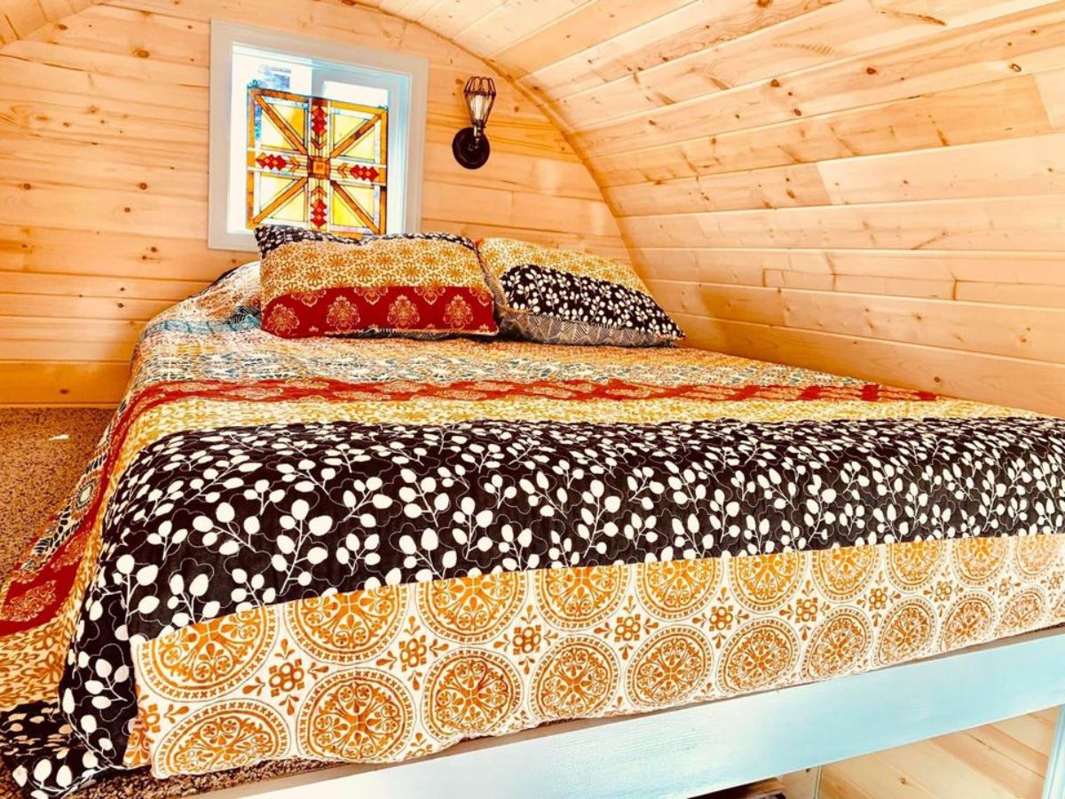 Loft bedroom view of 24’ display model tiny home