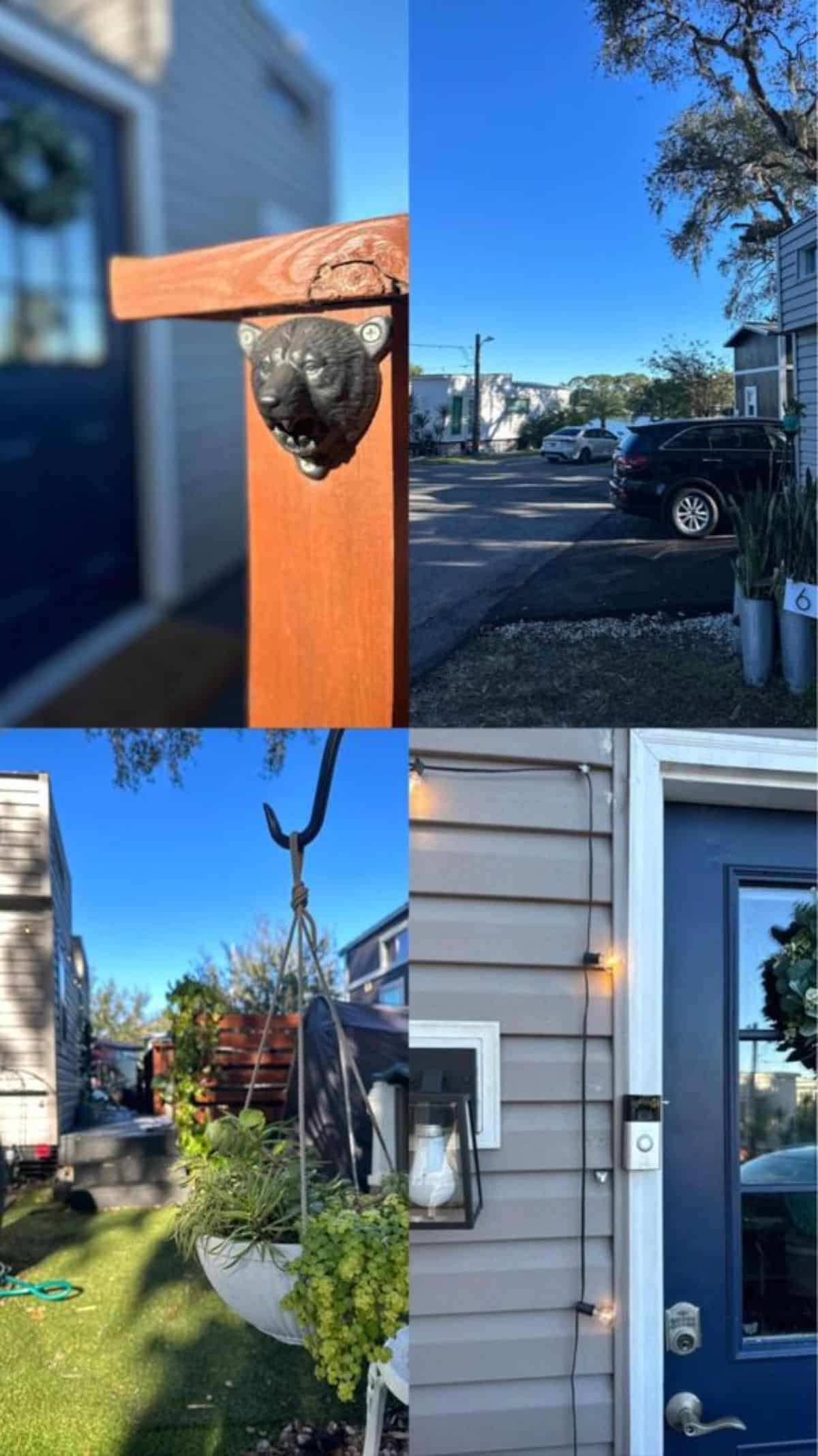 Collage of outside view of tiny home with two lofts