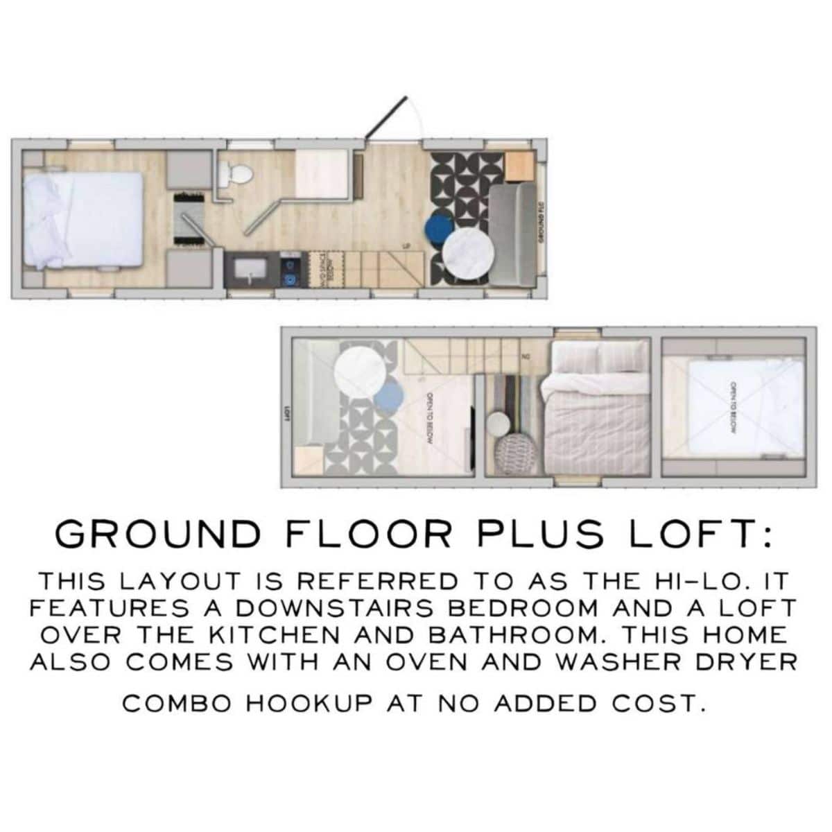 Animated floor plan design of farmhouse tiny home