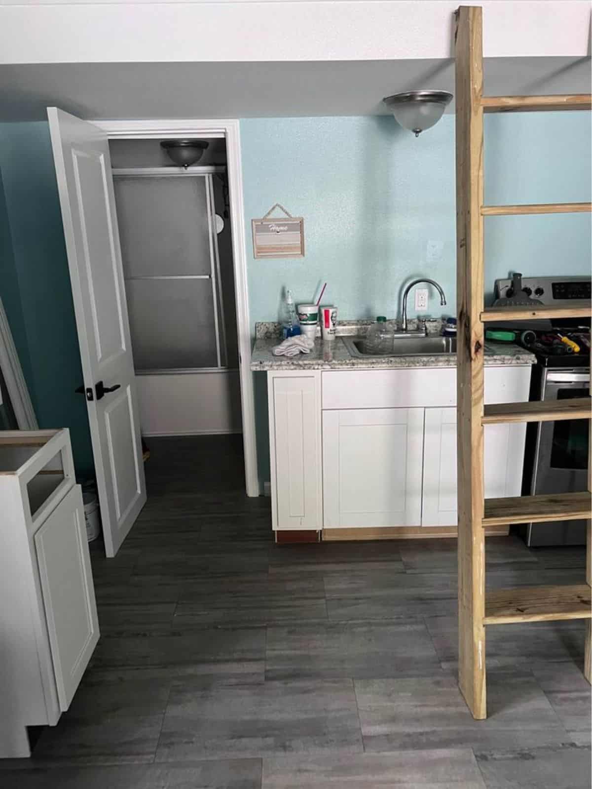 Kitchen area and ladder of tiny converted home