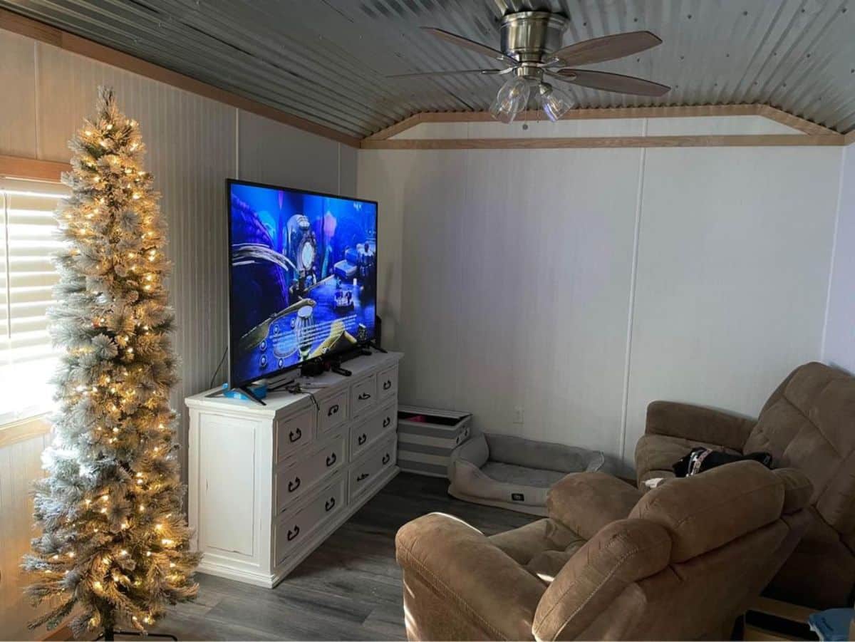 Living area of spacious tiny home has a couch, entertainment unit with huge television set