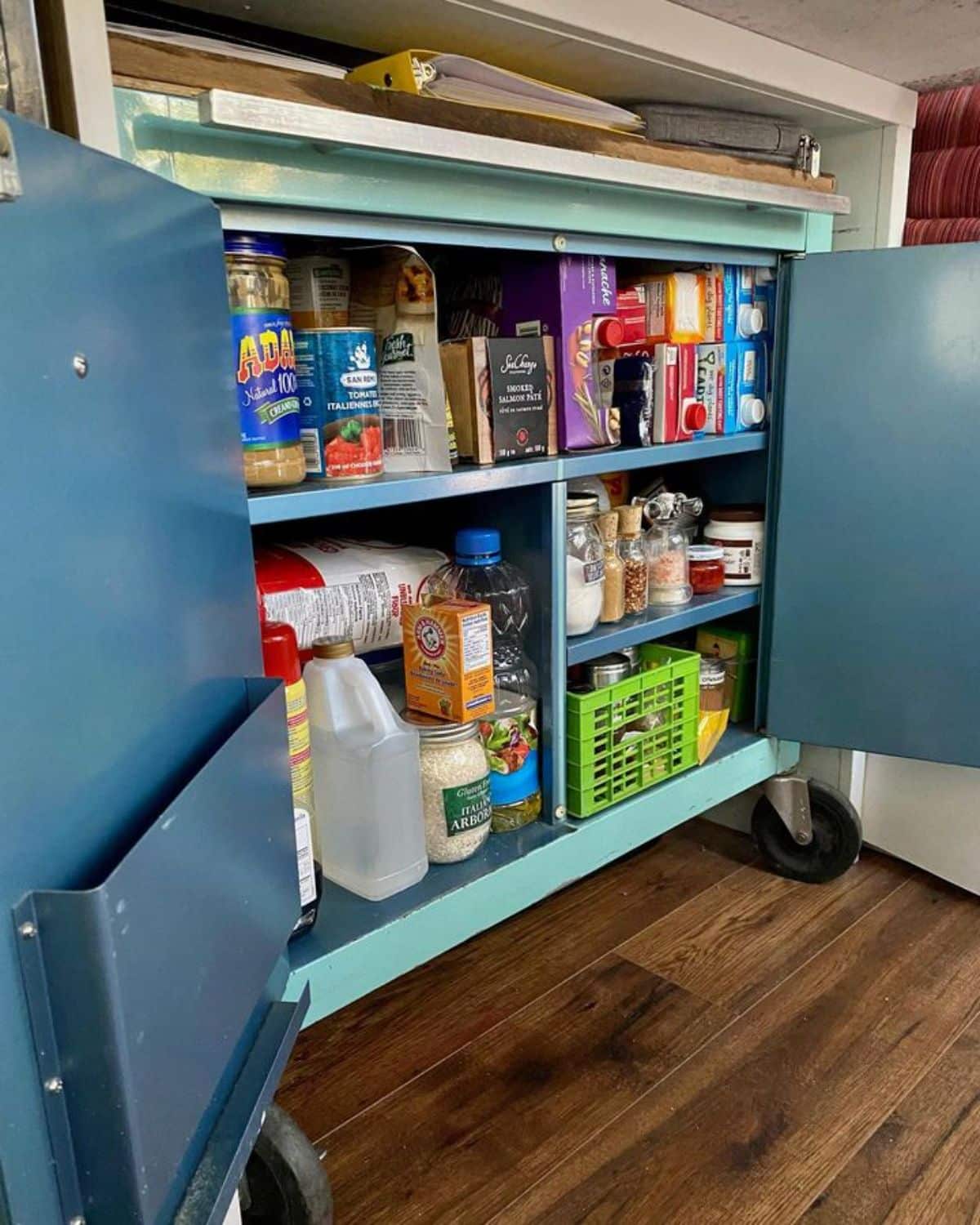 open teal doors with pantry inside