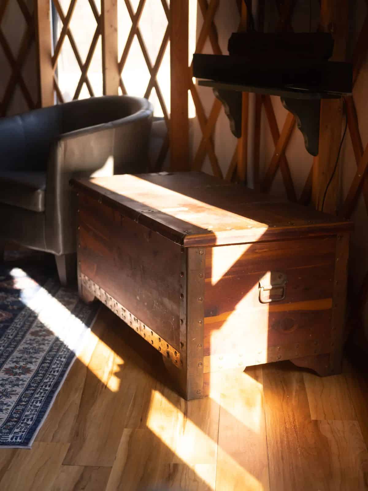 wood bench in yurt living room