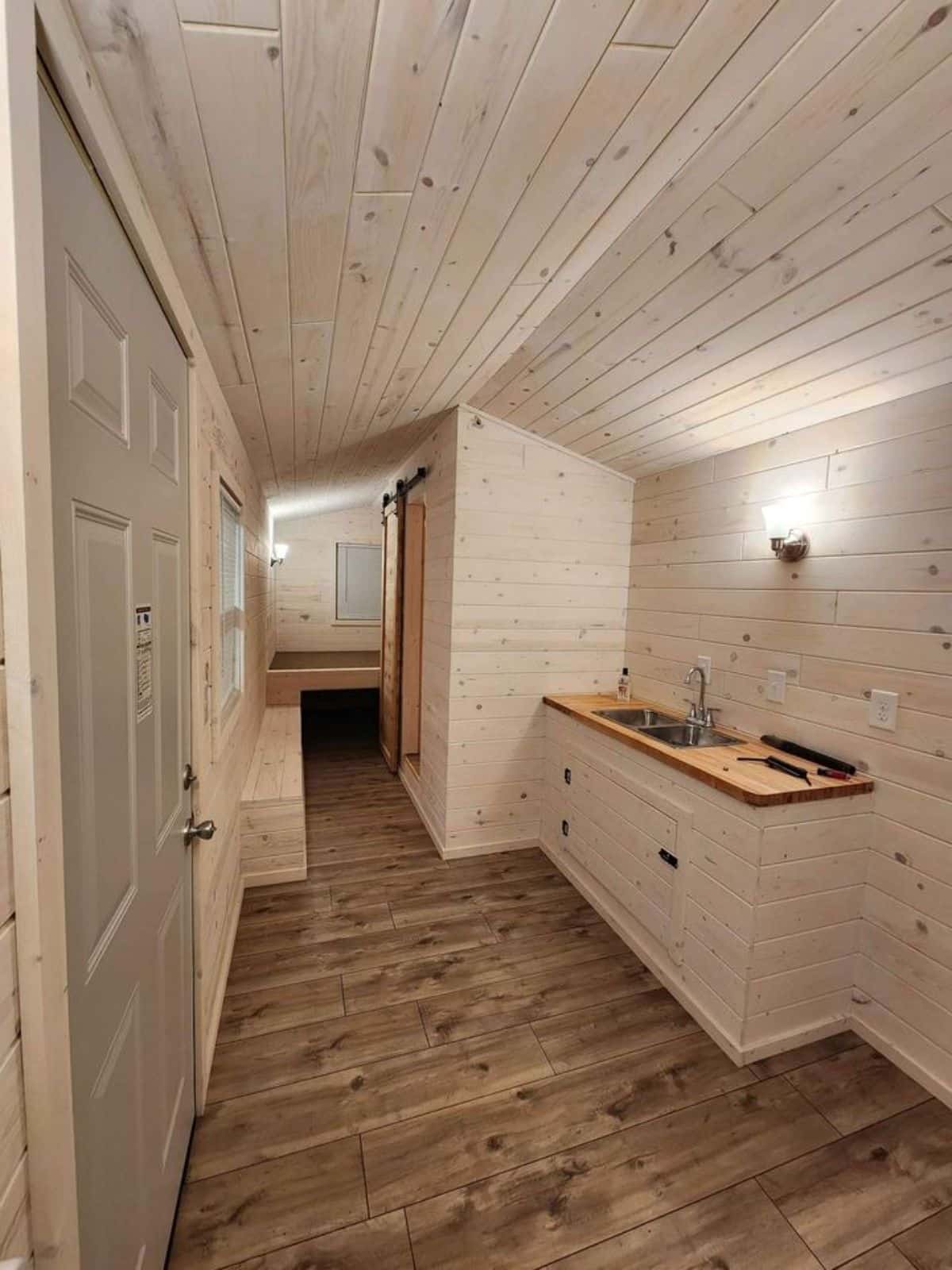 Wooden interiors of tiny house camper