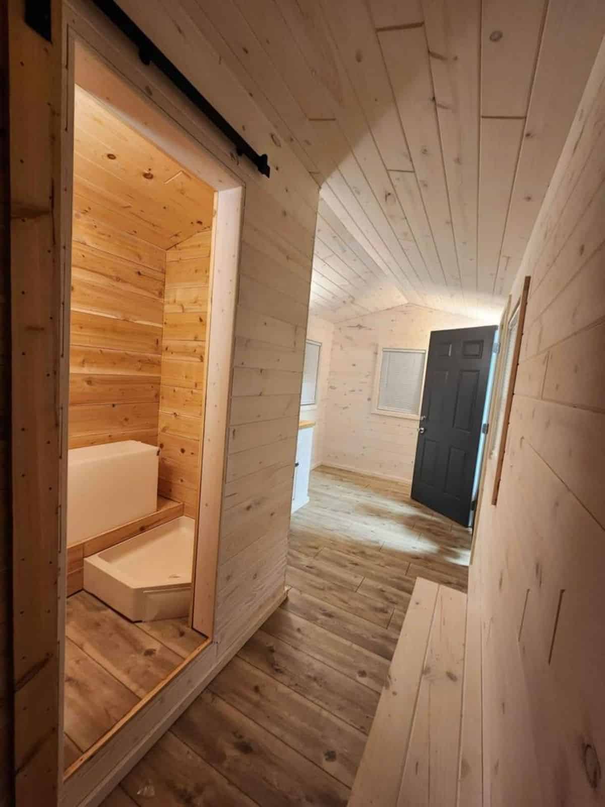 Overall wooden interiors of tiny house camper