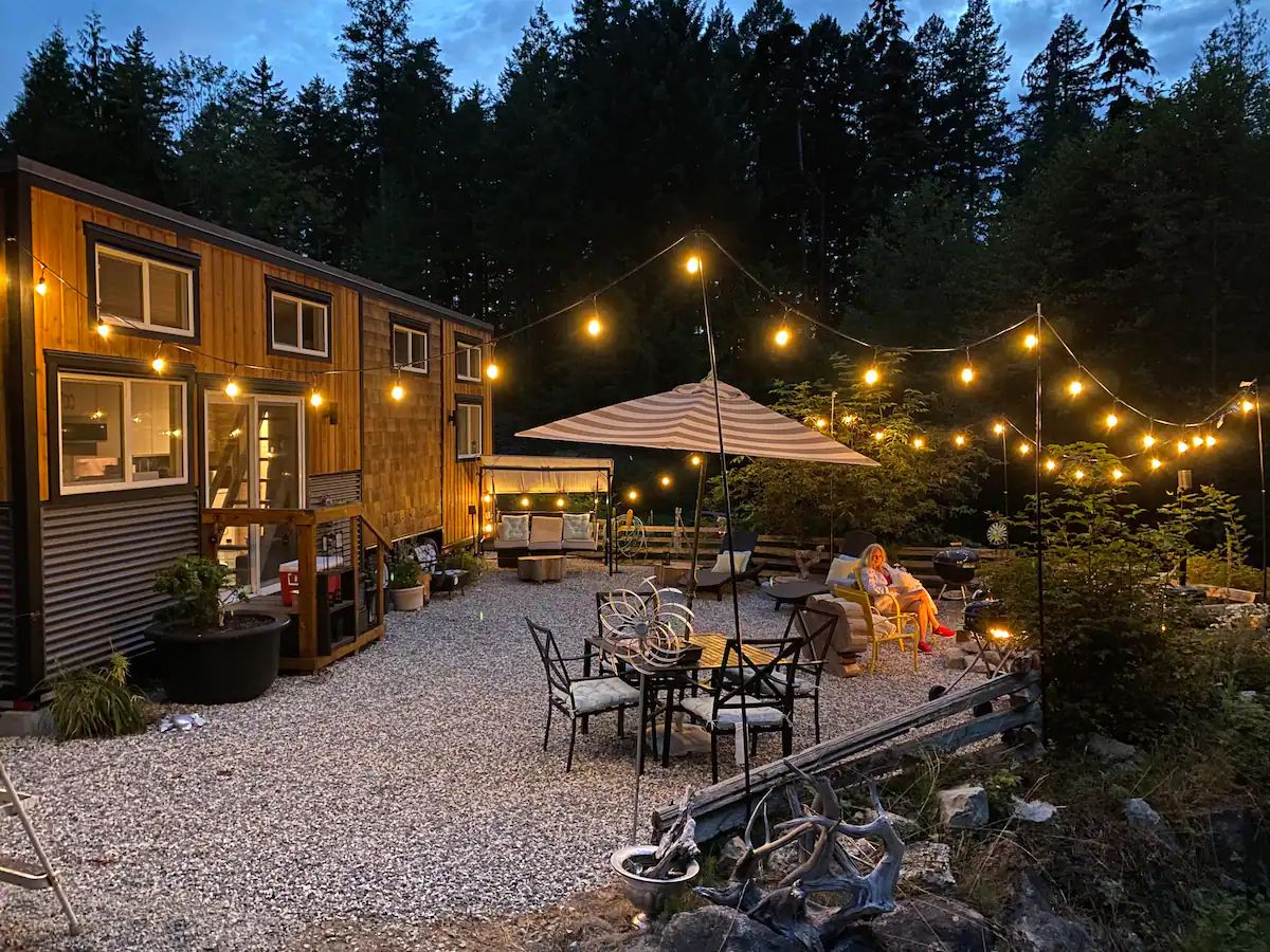 fairy lights on tiny home lawn