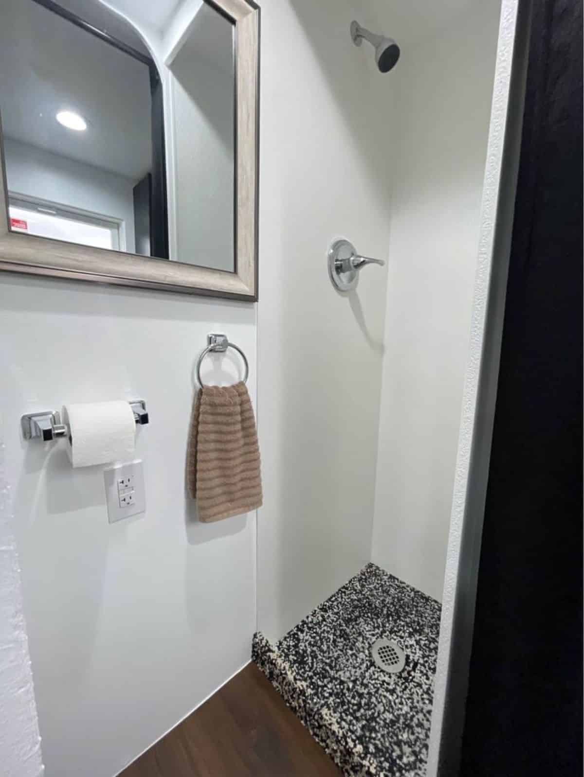 Separate shower area of mobile tiny house