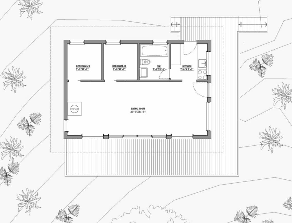 Floorplan showing interior and exterior layout, including two efficient bedrooms, full bathroom with a tub, and efficient galley style kitchen with separate exterior door onto back part of deck near stairs