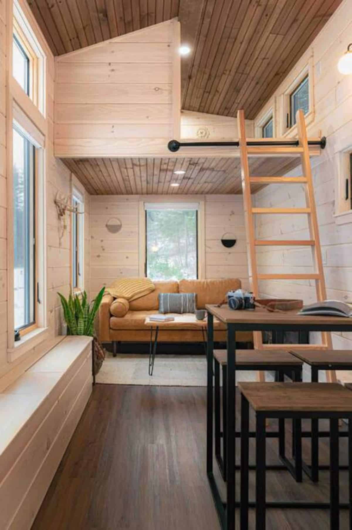 ladder to loft on right with sofa in background and table in foreground of tiny home