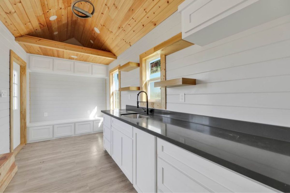 Kitchen area of tiny towable home