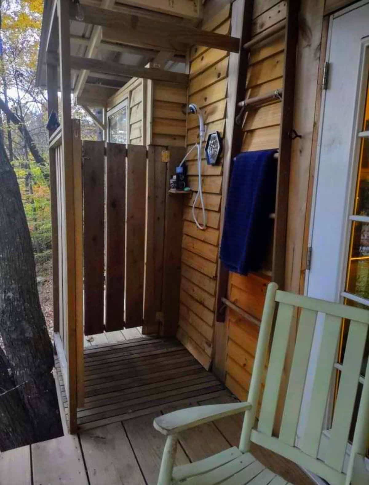 Ray’s Cabin Off-the-Grid Tiny House outdoor shower.