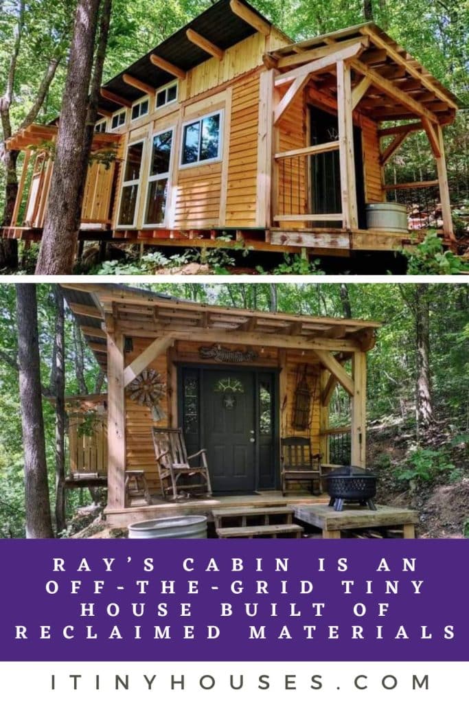 Ray’s Cabin is an Off-the-Grid Tiny House Built of Reclaimed Materials pinterest image.