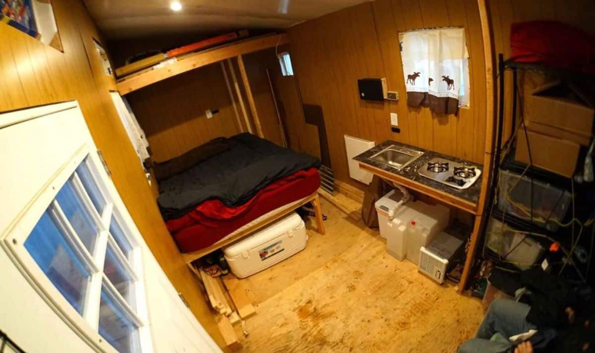 Sleeping area view of tiny shell home