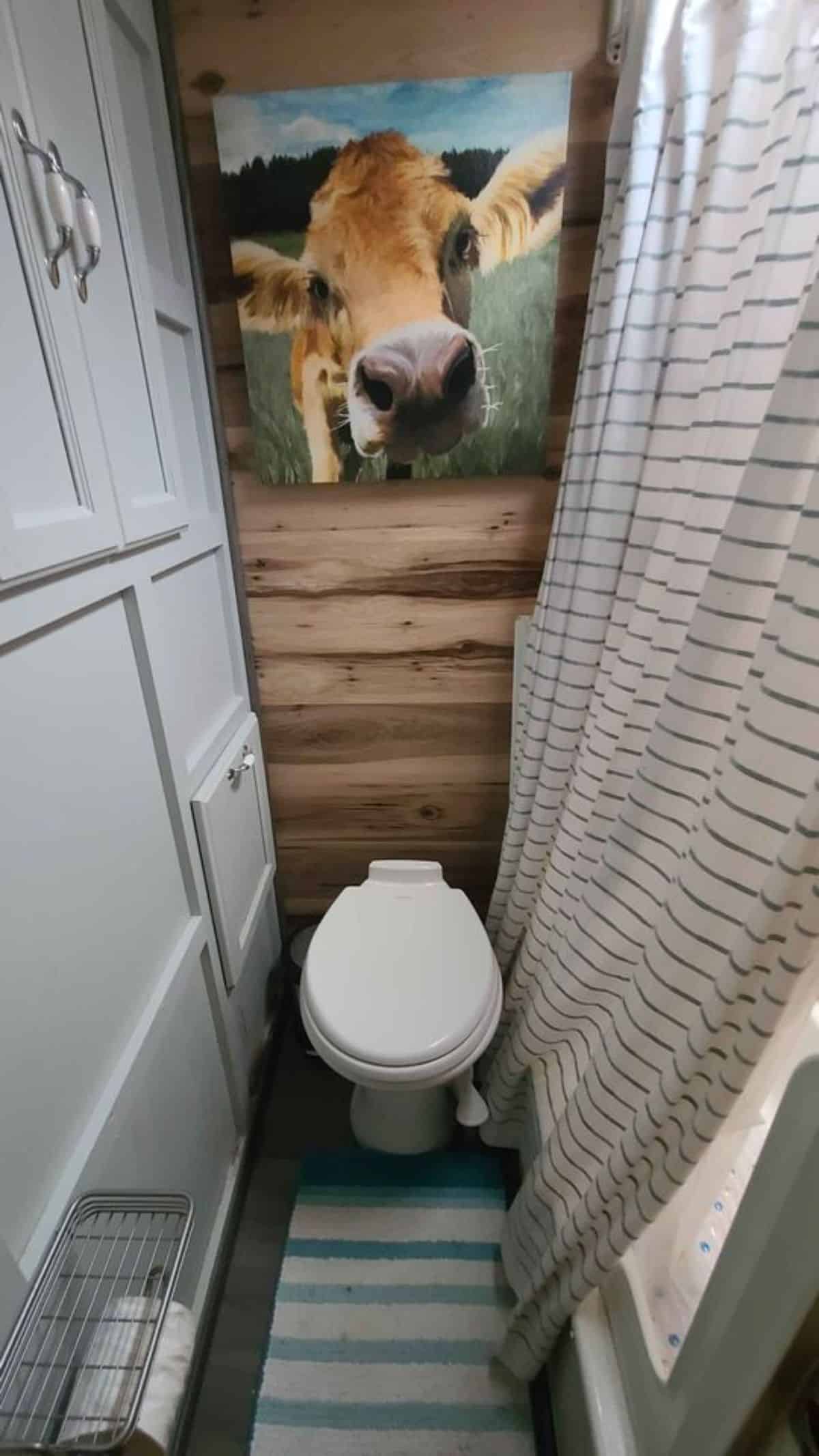 Standard toilet in bathroom of remodeled tiny home