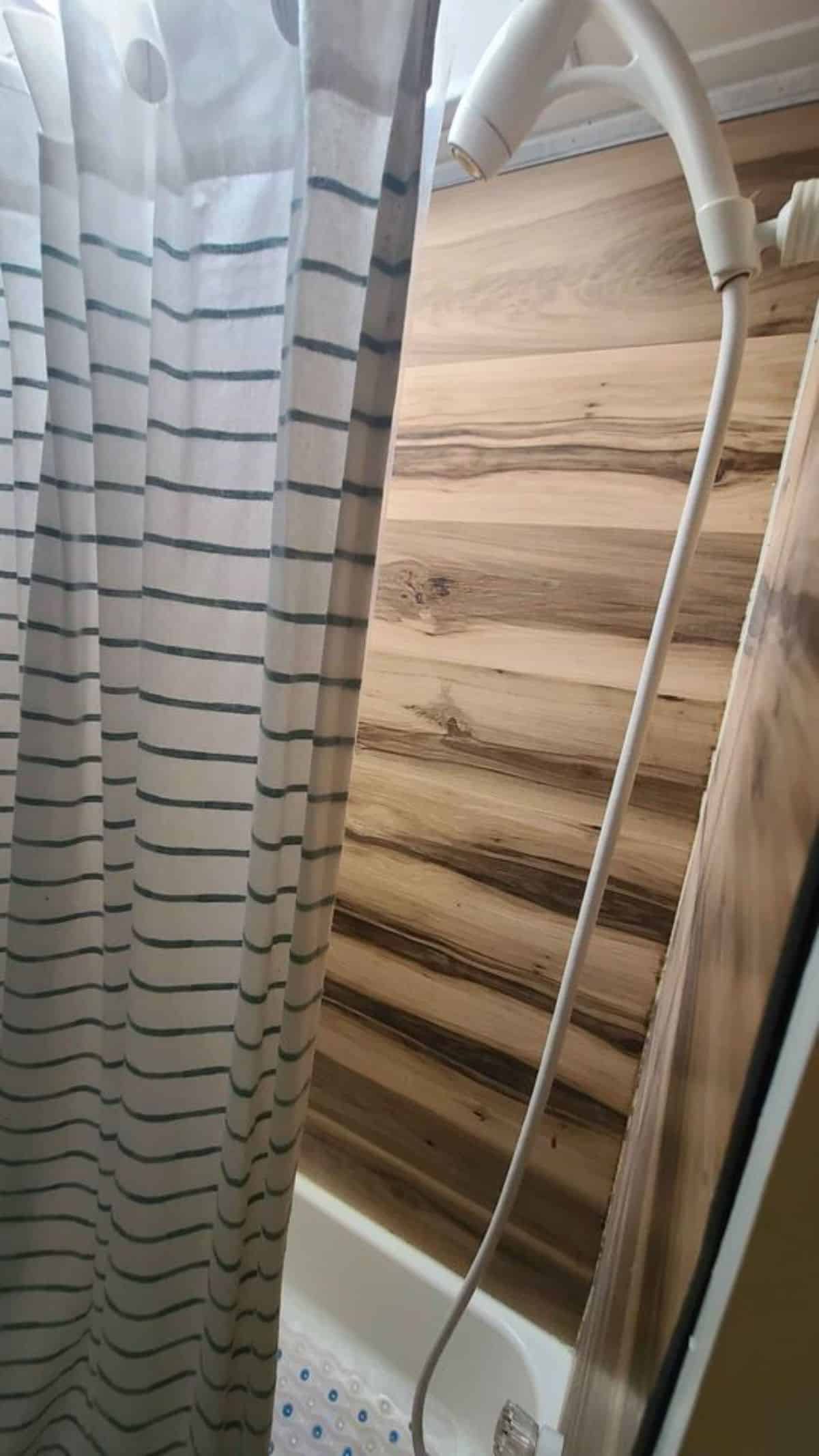 Shower area in bathroom of remodeled tiny home