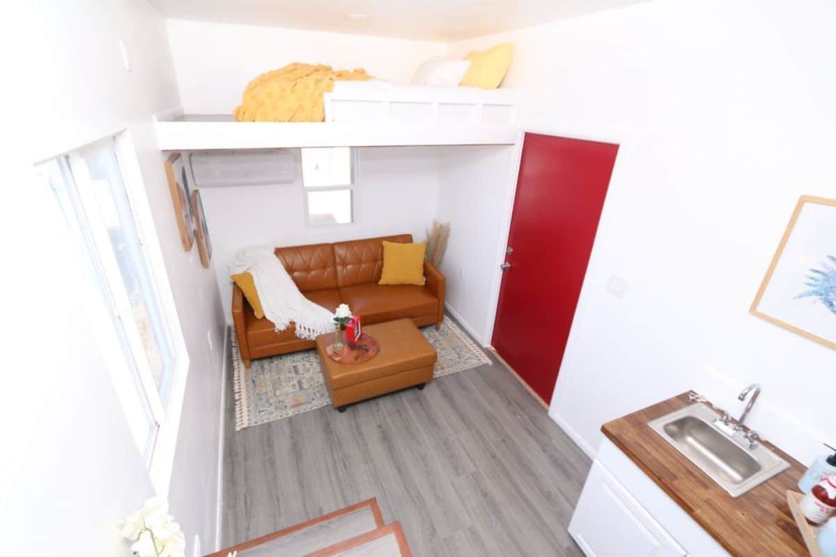 top view of dual loft tiny house from inside