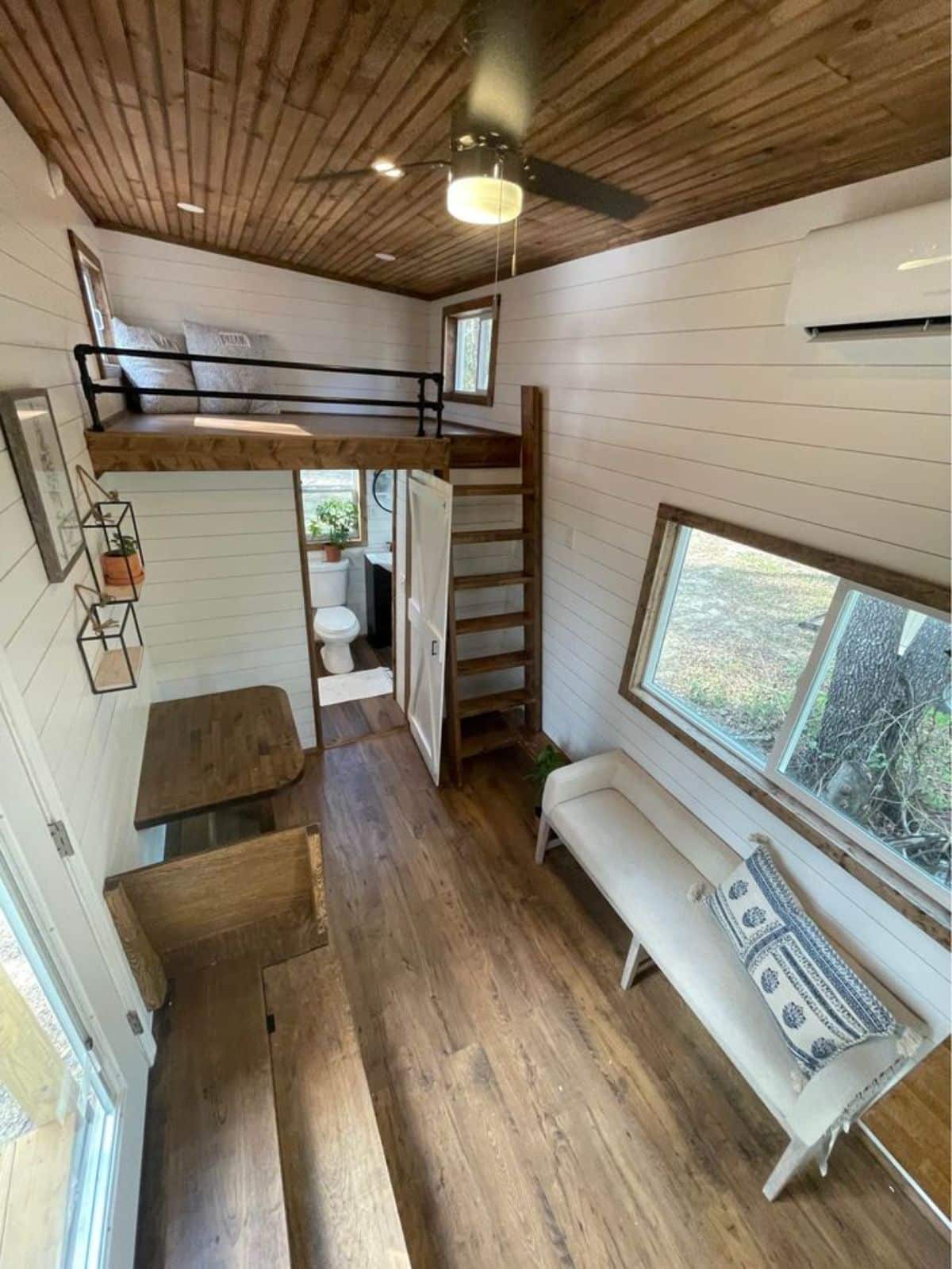Ariel view of interiors of 24’ tiny house on wheels