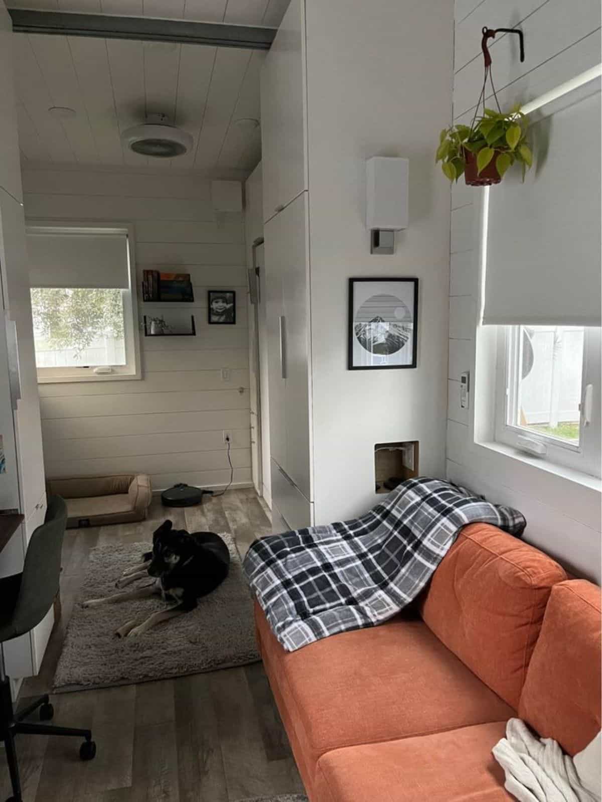 living area of tiny house in lakefront community